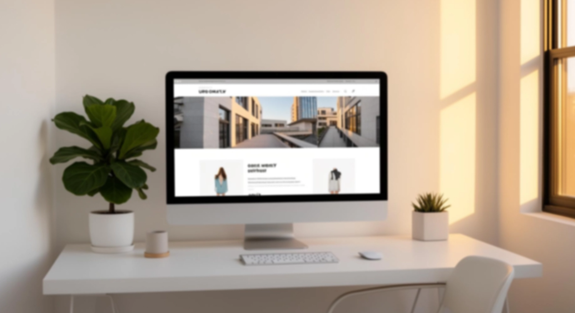 Blurry background image of computer on desk.