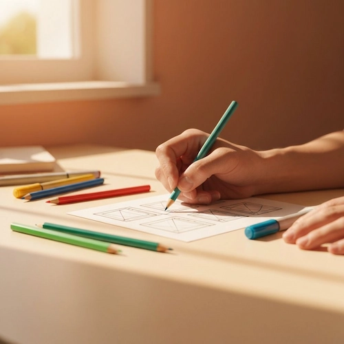 A designer sketching wireframes on paper with colored pencils nearby