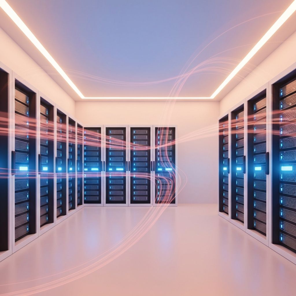 A modern, warmly-lit server room with clean aesthetics