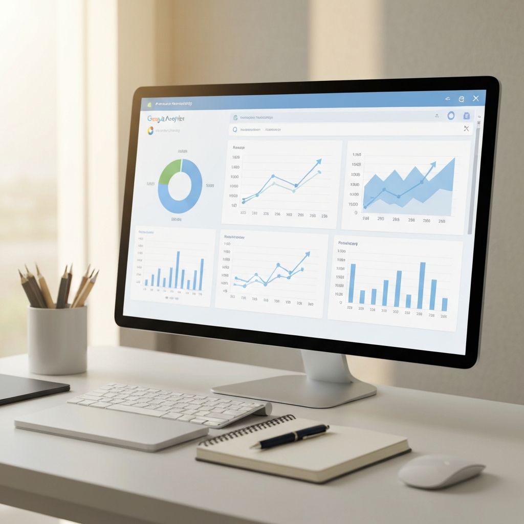 A desktop showing analytics dashboard with upward-trending graphs